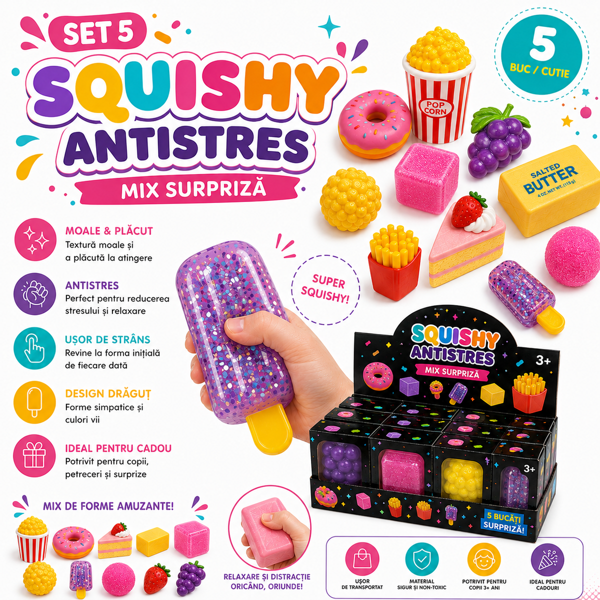 Set 5 Squishy Antistres – Mix Surpriză, Cadou Ideal pentru Copii