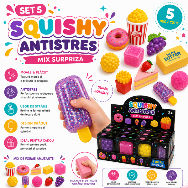 Set 5 Squishy Antistres – Mix Surpriză, Cadou Ideal pentru Copii