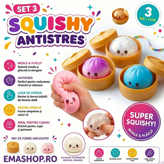 Pachet 3 Squishy Dumpling Kawaii – Jucării Antistres Super Moi