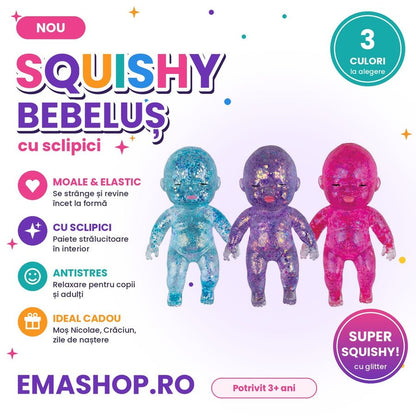 Squishy bebeluș cu sclipici – jucărie antistres, 3 culori