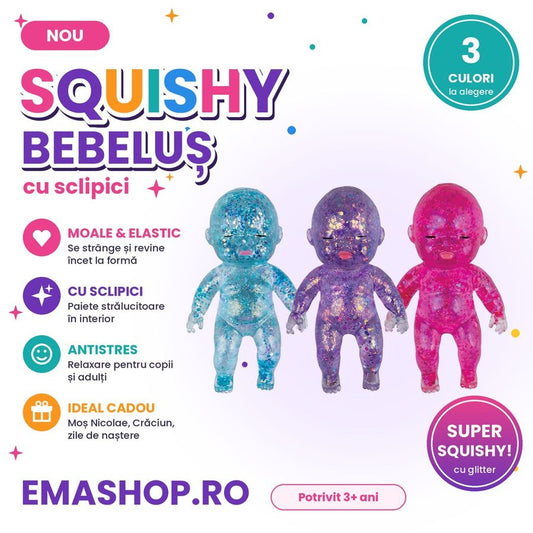 Squishy bebeluș cu sclipici – jucărie antistres, 3 culori