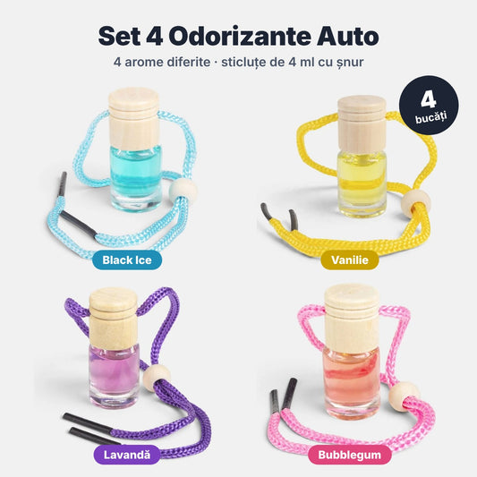 Set 4 Odorizante Auto – Arome Mixte (Black Ice, Vanilie, Lavandă, Bubblegum)