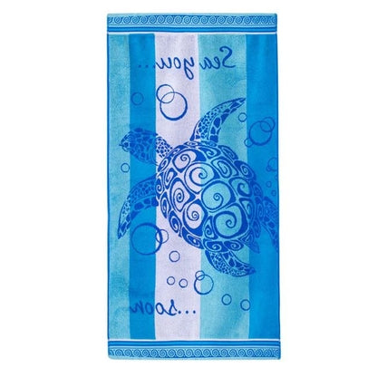 Prosop Plaja din Bumbac Alb Bleu Broasca Testoasa "Sea you Soon" 150x75cm