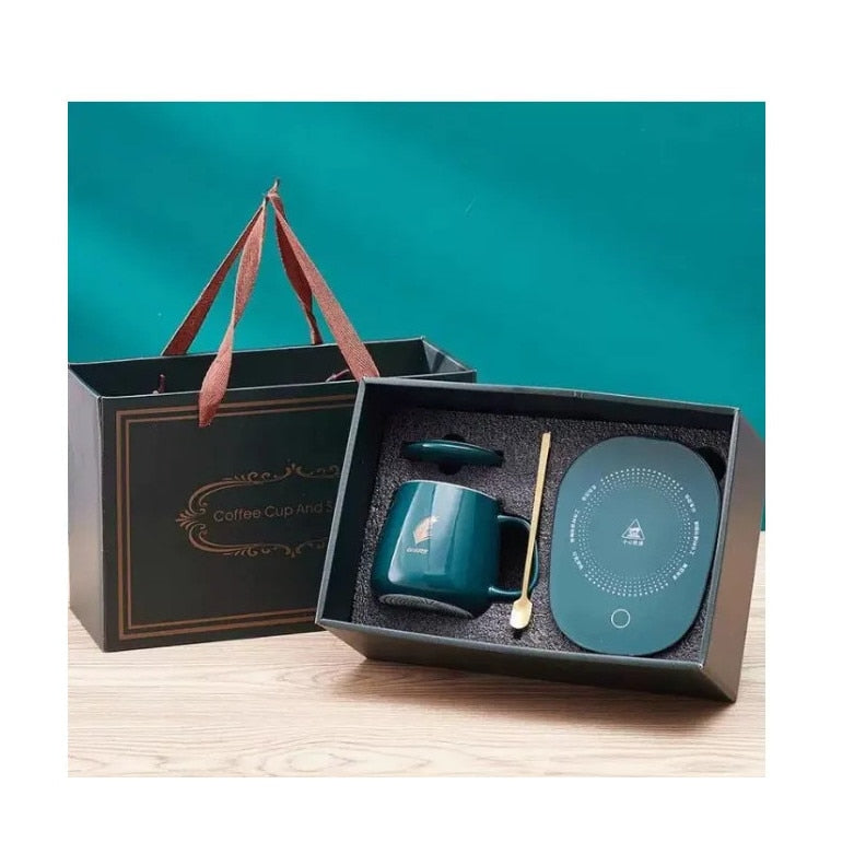Set cana ceramica, cu incalzire, scris auriu Lucky, 350 ml, verde