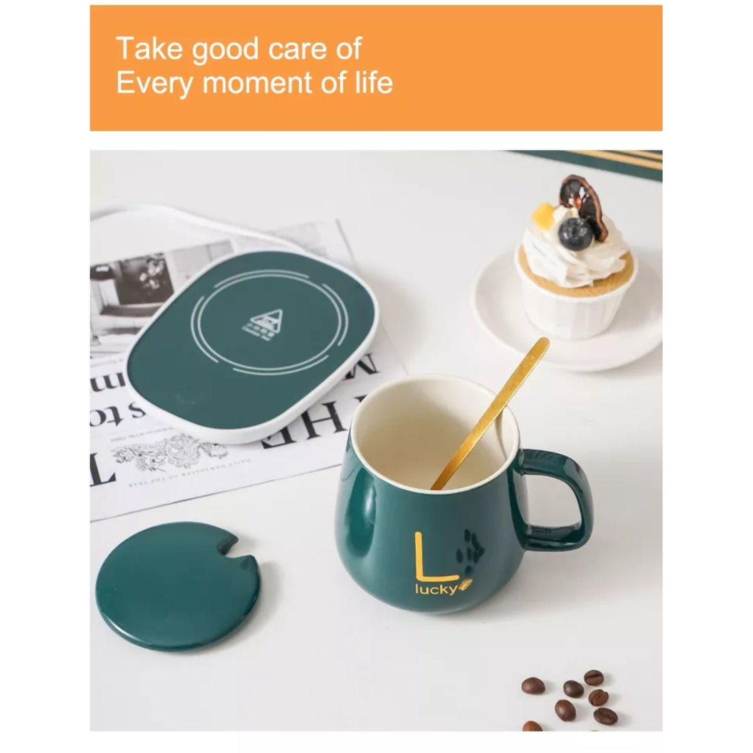 Set cana ceramica, cu incalzire, scris auriu Lucky, 350 ml, verde