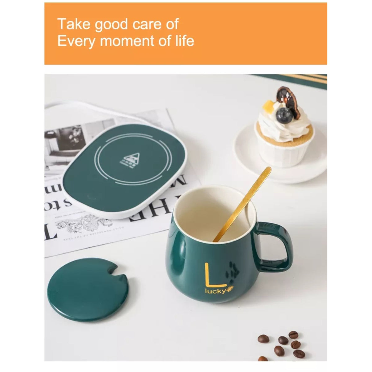Set cana ceramica, cu incalzire, scris auriu Lucky, 350 ml, verde