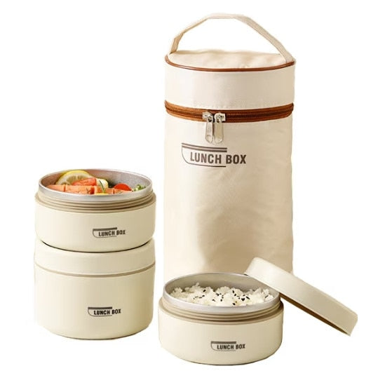 Set 3 caserole termice si geanta transport termica, inox, cu tacamuri, 1400ml, crem