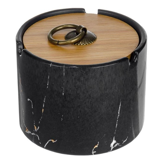 Scrumiera cilindrica, ceramica model marmura negru cu capac bambus 10x7cm