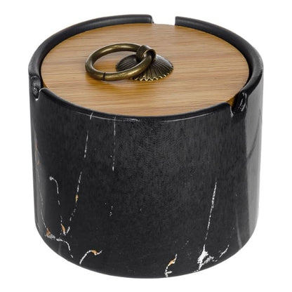 Scrumiera cilindrica, ceramica model marmura negru cu capac bambus 10x7cm