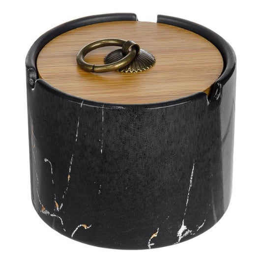 Scrumiera cilindrica, ceramica model marmura negru cu capac bambus 10x7cm