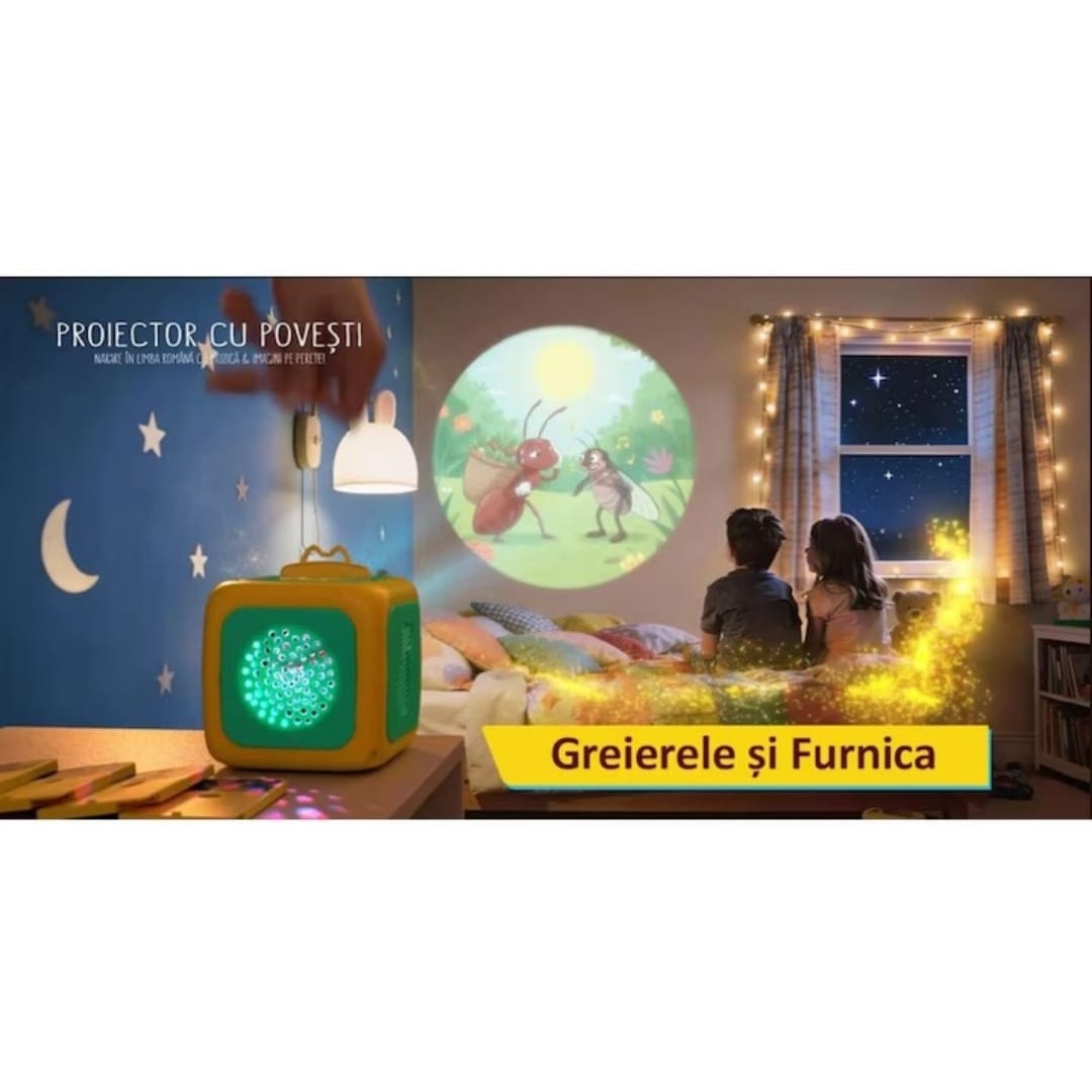 Proiector Povesti pentru Copii, Cub Interactiv cu Narare in Limba Romana, 8 Discuri cu POVESTI NOI, Alfabet, Forme si Numere,