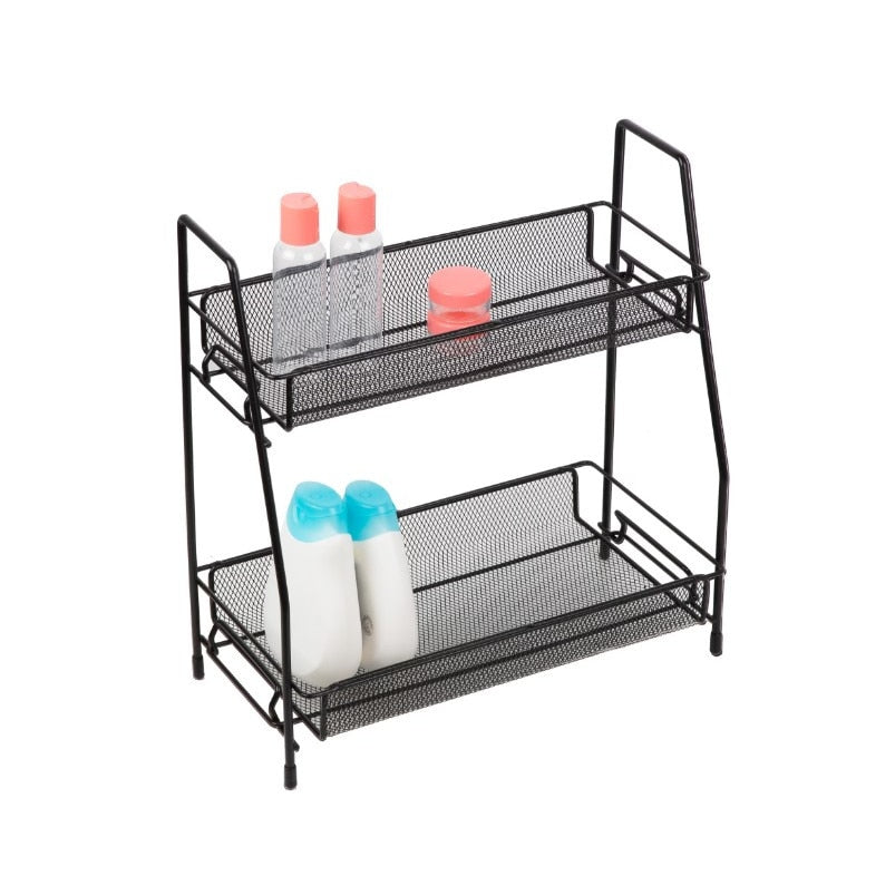 Suport organizator multifunctional cu 2 etaje, negru, metalic, ideal pentru condimente, cosmetice