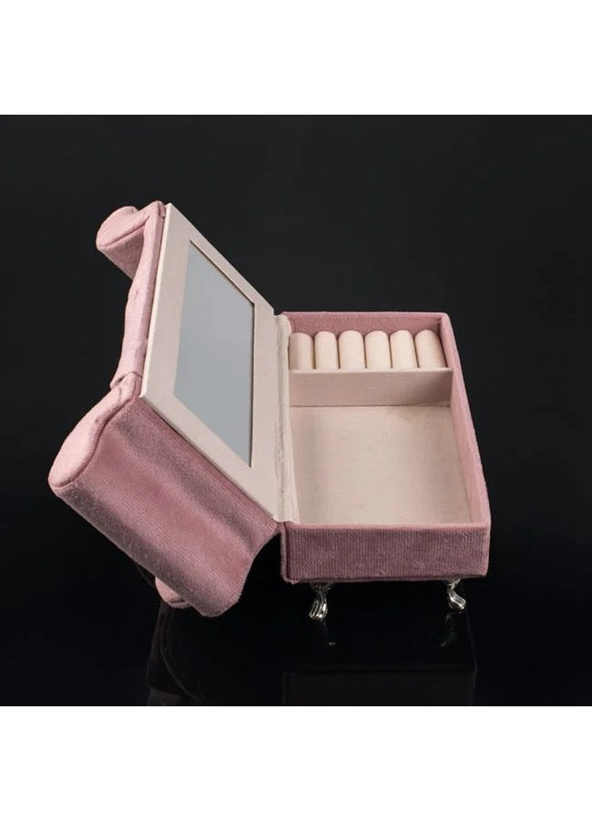 Cutie Organizator Canapea cu Inima Roz Velvet & Oglinda pentru Bijuterii 24x9,5x15cm