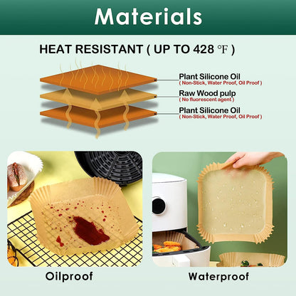 Set 100 hartii de copt pentru air fryer, Termorezistent, Maro 16 x 16 x 4.5 cm, patrat