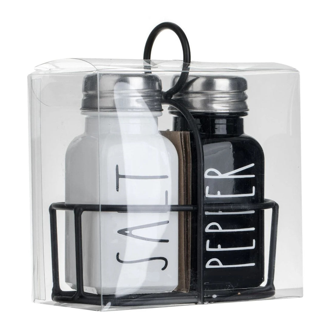 Set Solnita Sare Piper din Sticla Neagra Alba cu Baza Metalica 85ml