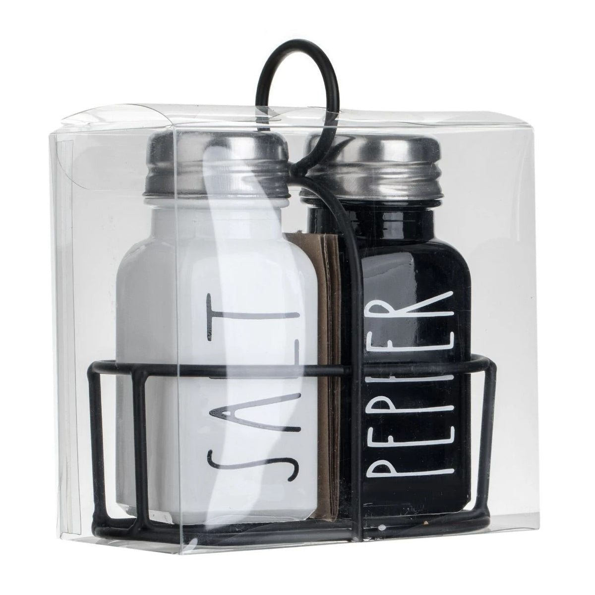 Set Solnita Sare Piper din Sticla Neagra Alba cu Baza Metalica 85ml