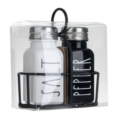 Set Solnita Sare Piper din Sticla Neagra Alba cu Baza Metalica 85ml