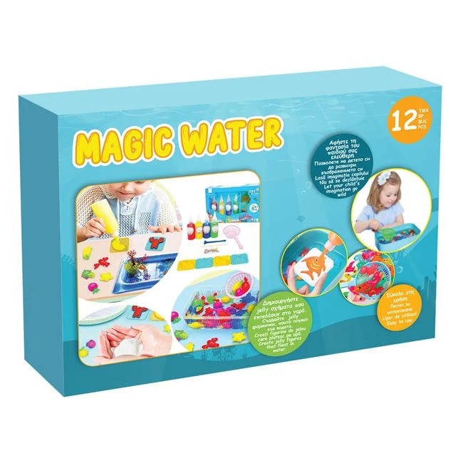 Set Magic Water, pentru creearea de figurine 3D, contine 12 piese: 4 bidoane cu lichid ce se solidifica in apa, de diferite c