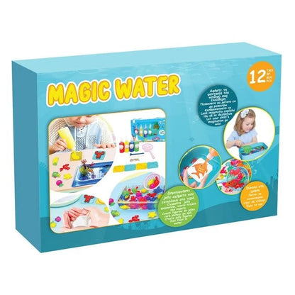 Set Magic Water, pentru creearea de figurine 3D, contine 12 piese: 4 bidoane cu lichid ce se solidifica in apa, de diferite c