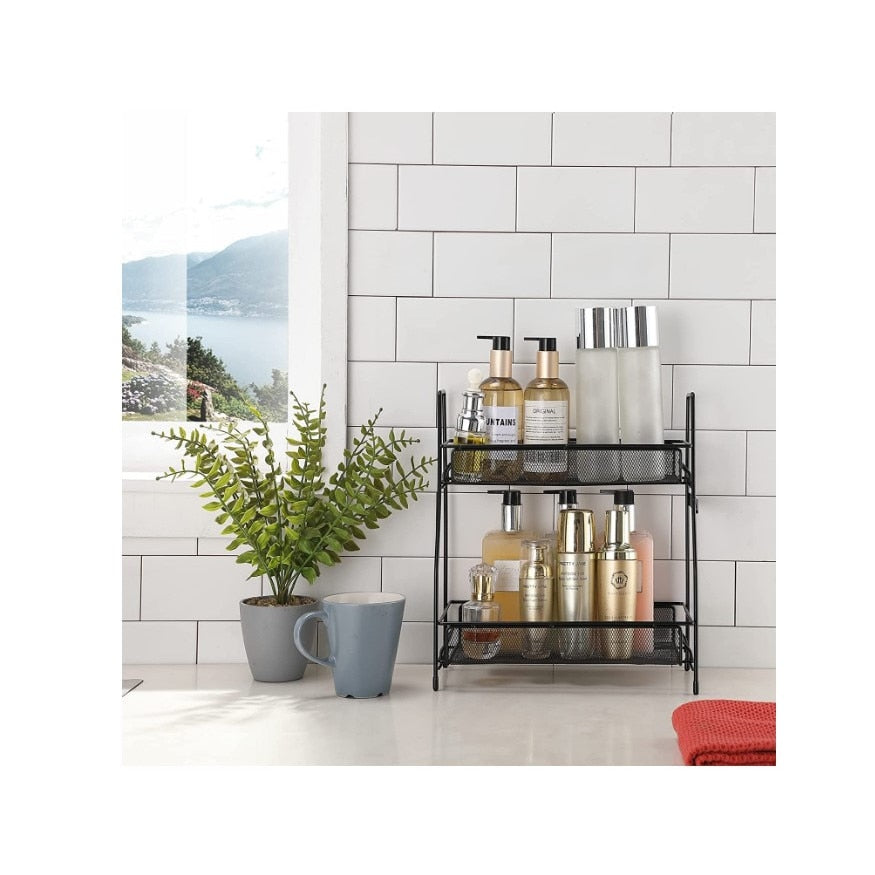 Suport organizator multifunctional cu 2 etaje, negru, metalic, ideal pentru condimente, cosmetice