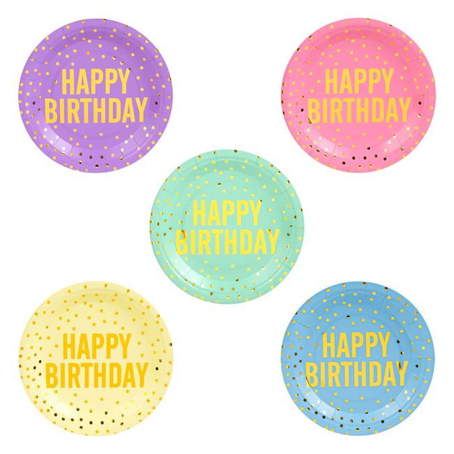 Set 25 de farfurii din carton pentru petrecere, multicolore, cu folie aurie si mesaj "Happy Birthday", 23cm