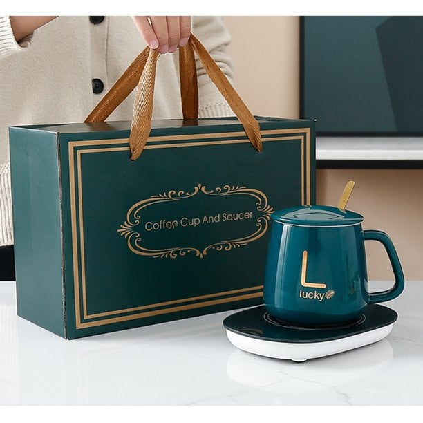 Set cana ceramica, cu incalzire, verde cu auriu, 350 ml