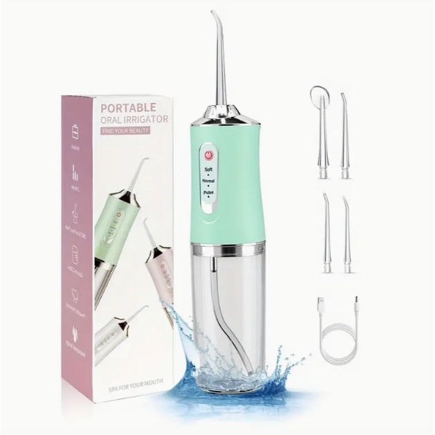 Irigator Oral Portabil pentru dus bucal, 4 Capete, 3 trepte de viteza, Curatare 360°, Rezervor 230 ml, Waterproof, Verde