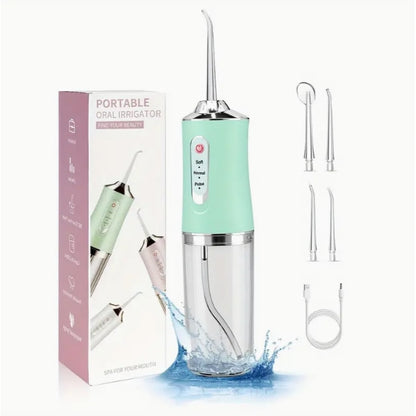 Irigator Oral Portabil pentru dus bucal, 4 Capete, 3 trepte de viteza, Curatare 360°, Rezervor 230 ml, Waterproof, Verde