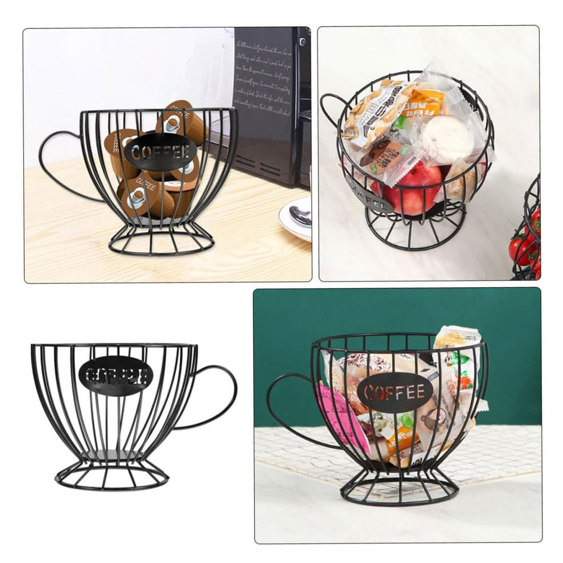 Suport metalic negru in forma de ceasca pentru capsule de cafea, 15x14cm