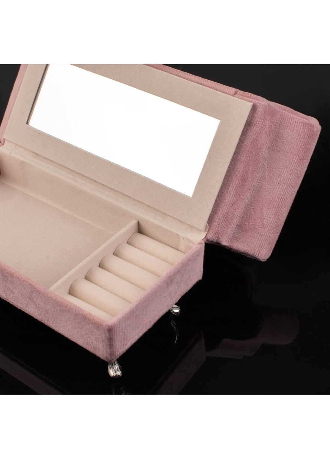 Cutie Organizator Canapea cu Inima Roz Velvet & Oglinda pentru Bijuterii 24x9,5x15cm