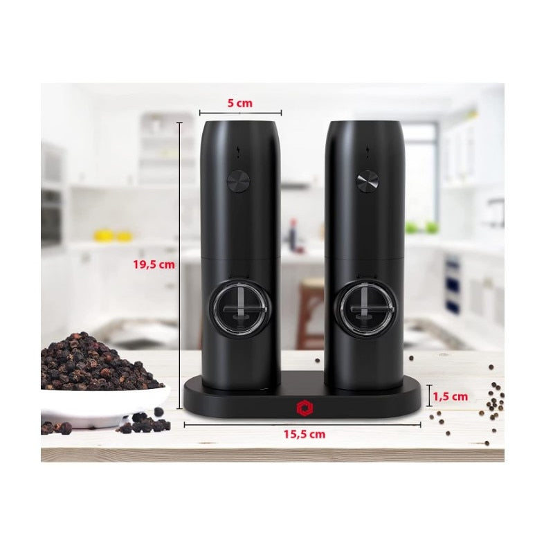 Set 2 rasnite electrice, Sare si Piper, cu stand incarcare USB, negru