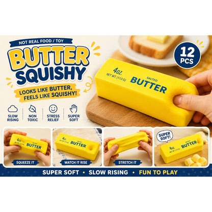 Jucarie Antistres Squishy Unt, Set 2 Bucati, Slow Rising, Super Soft, Cu Aroma de Unt, 13 cm, Galben