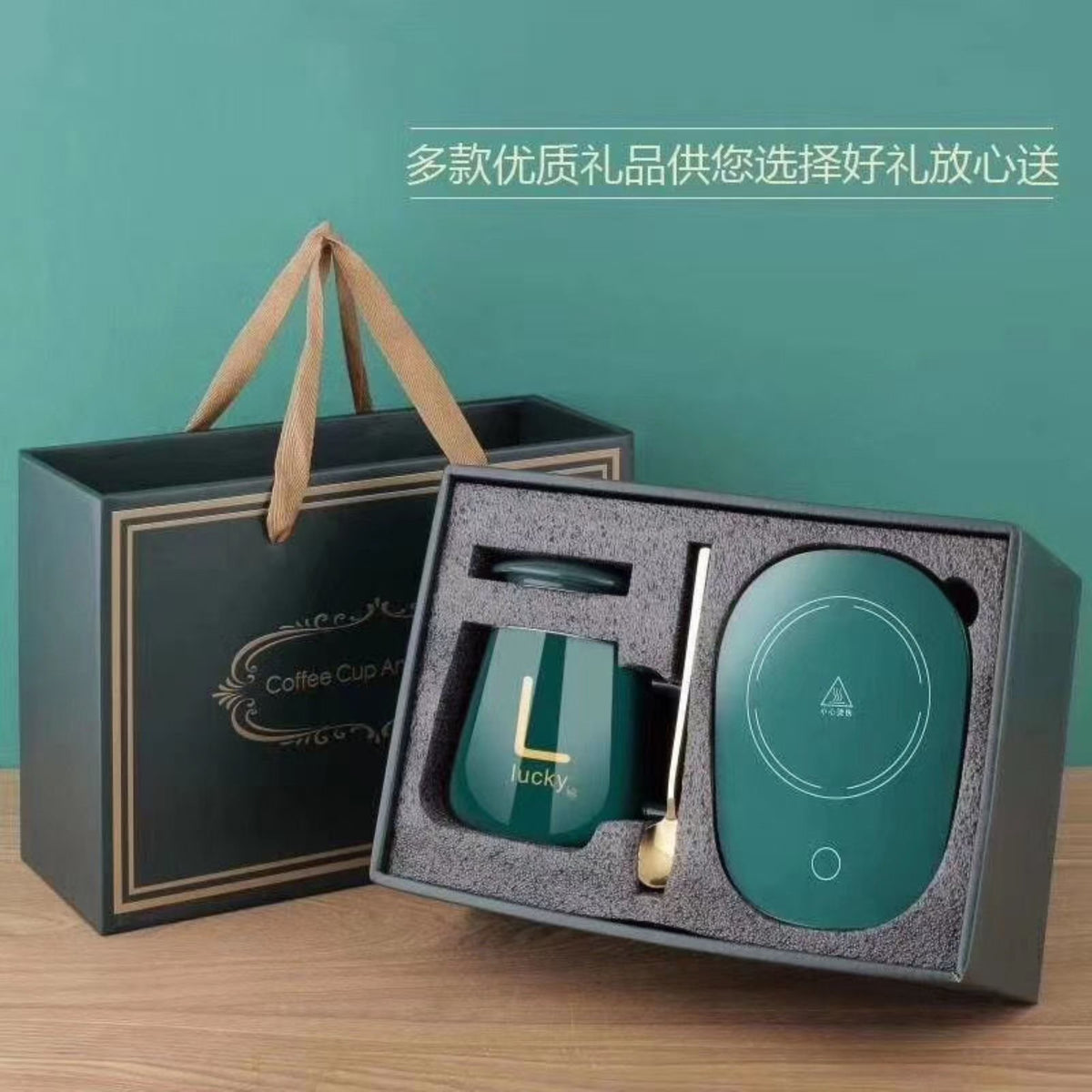 Set cana ceramica, cu incalzire, scris auriu Lucky, 350 ml, verde