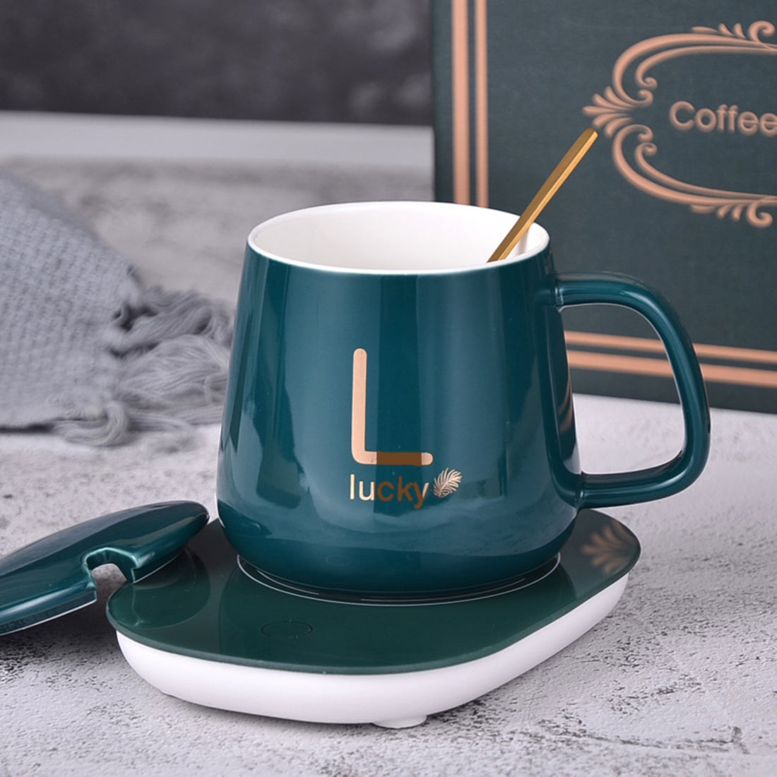 Set cana ceramica, cu incalzire, scris auriu Lucky, 350 ml, verde