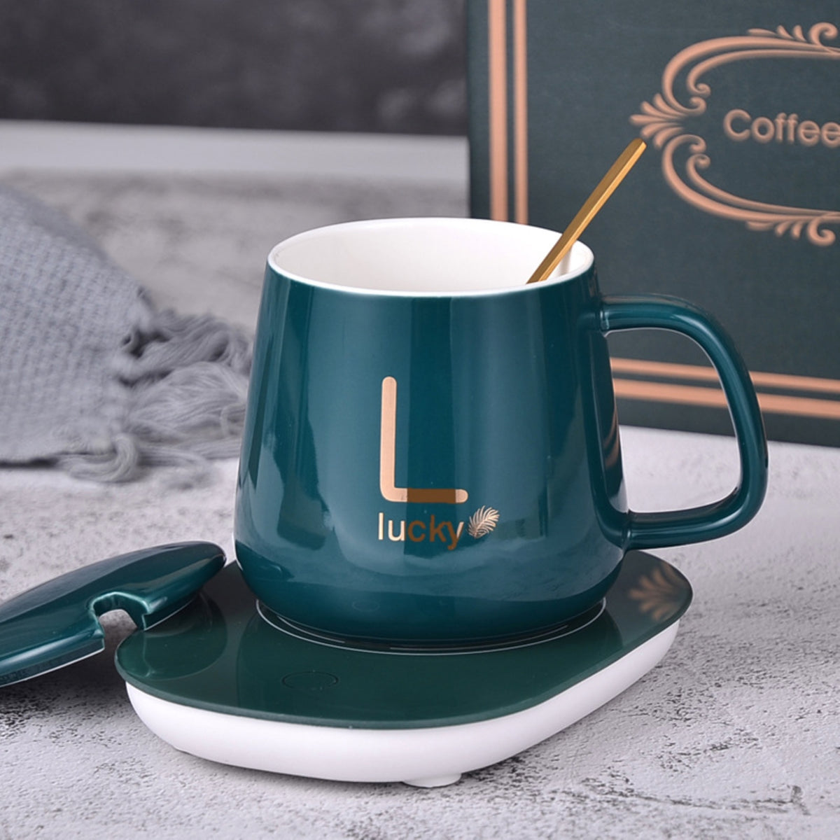 Set cana ceramica, cu incalzire, scris auriu Lucky, 350 ml, verde