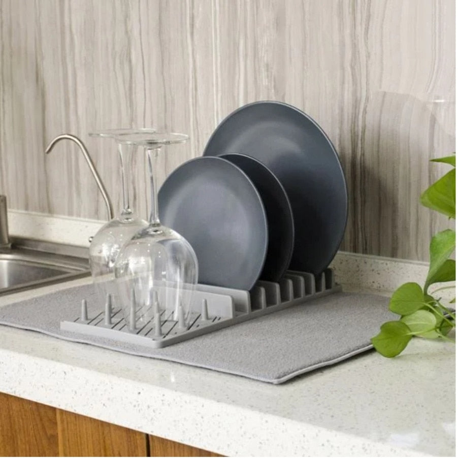 Uscator din plastic cu laveta pentru vase, poliester, gri, 45x3.6x16.5cm