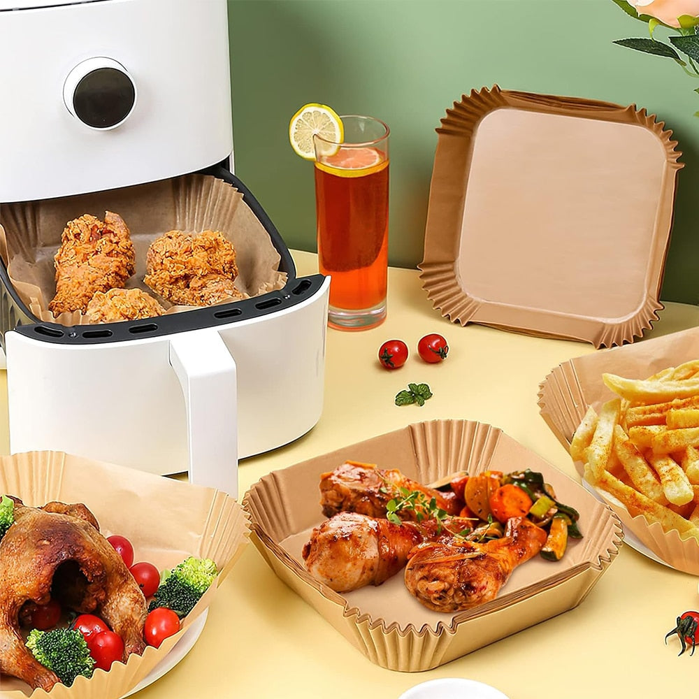 Set 100 hartie de copt pentru Air Fryer, 20cm×20cm×4.5cm, Maro