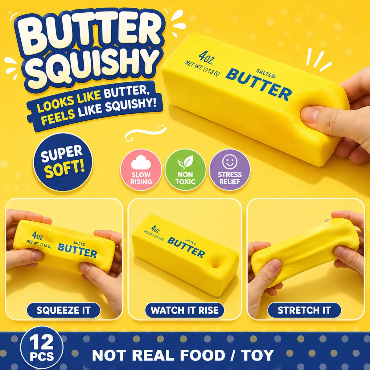 Jucarie Antistres Squishy Unt, Set 2 Bucati, Slow Rising, Super Soft, Cu Aroma de Unt, 13 cm, Galben