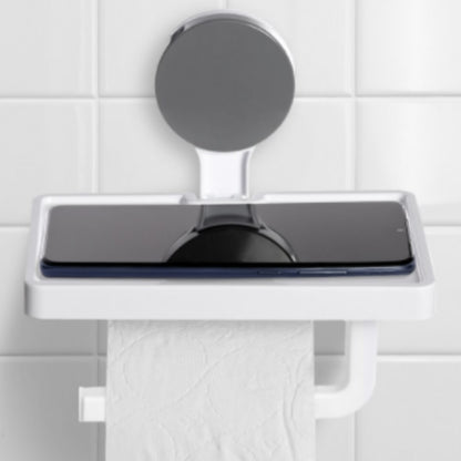 Suport hartie igienica cu raft depozitare telefon sau alte accesorii, prindere cu ventuza, 30x10x10 CM, alb
