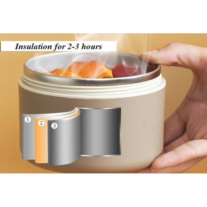 Set 3 caserole termice si geanta transport termica, inox, cu tacamuri, 1400ml, crem