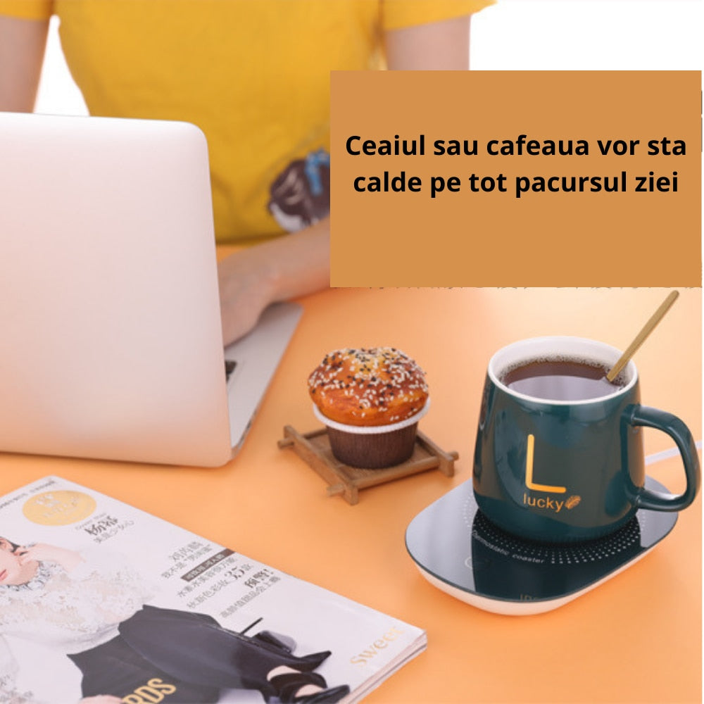 Cana inteligenta de cafea din ceramica, cu capac si lingurita, incalzitor cu USB, 55 grade, controlul temperaturii, verde