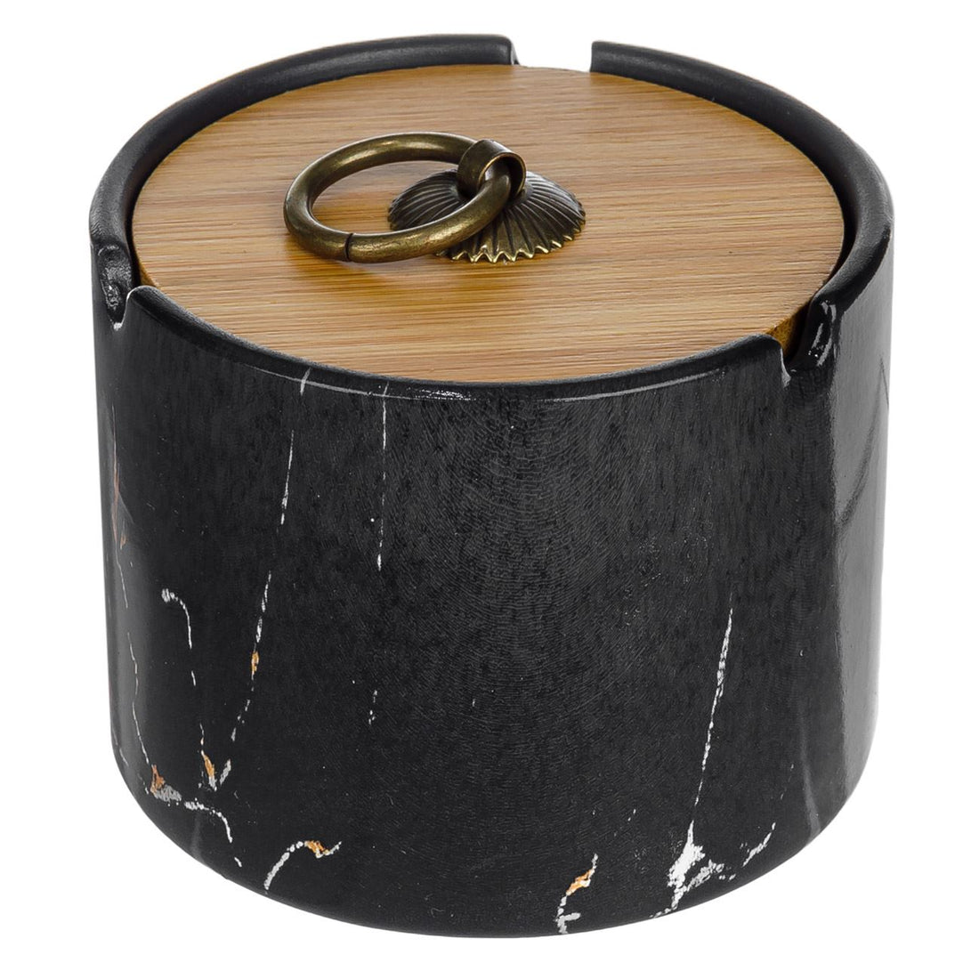 Scrumiera cilindrica, ceramica model marmura negru cu capac bambus 10x7cm
