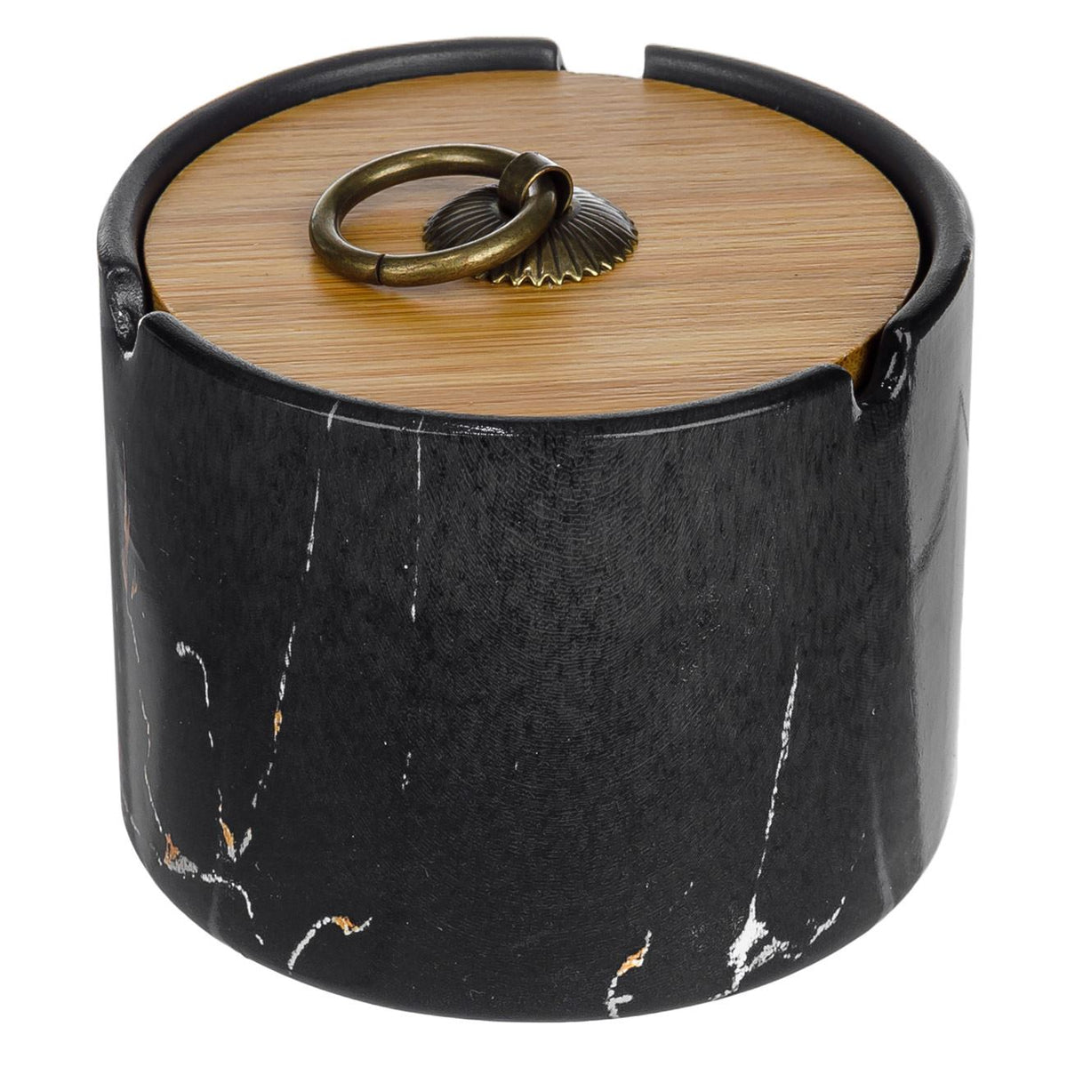 Scrumiera cilindrica, ceramica model marmura negru cu capac bambus 10x7cm