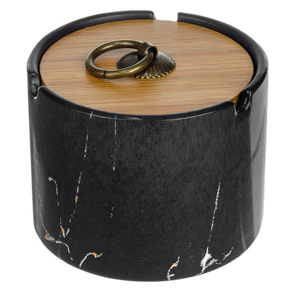 Scrumiera cilindrica, ceramica model marmura negru cu capac bambus 10x7cm