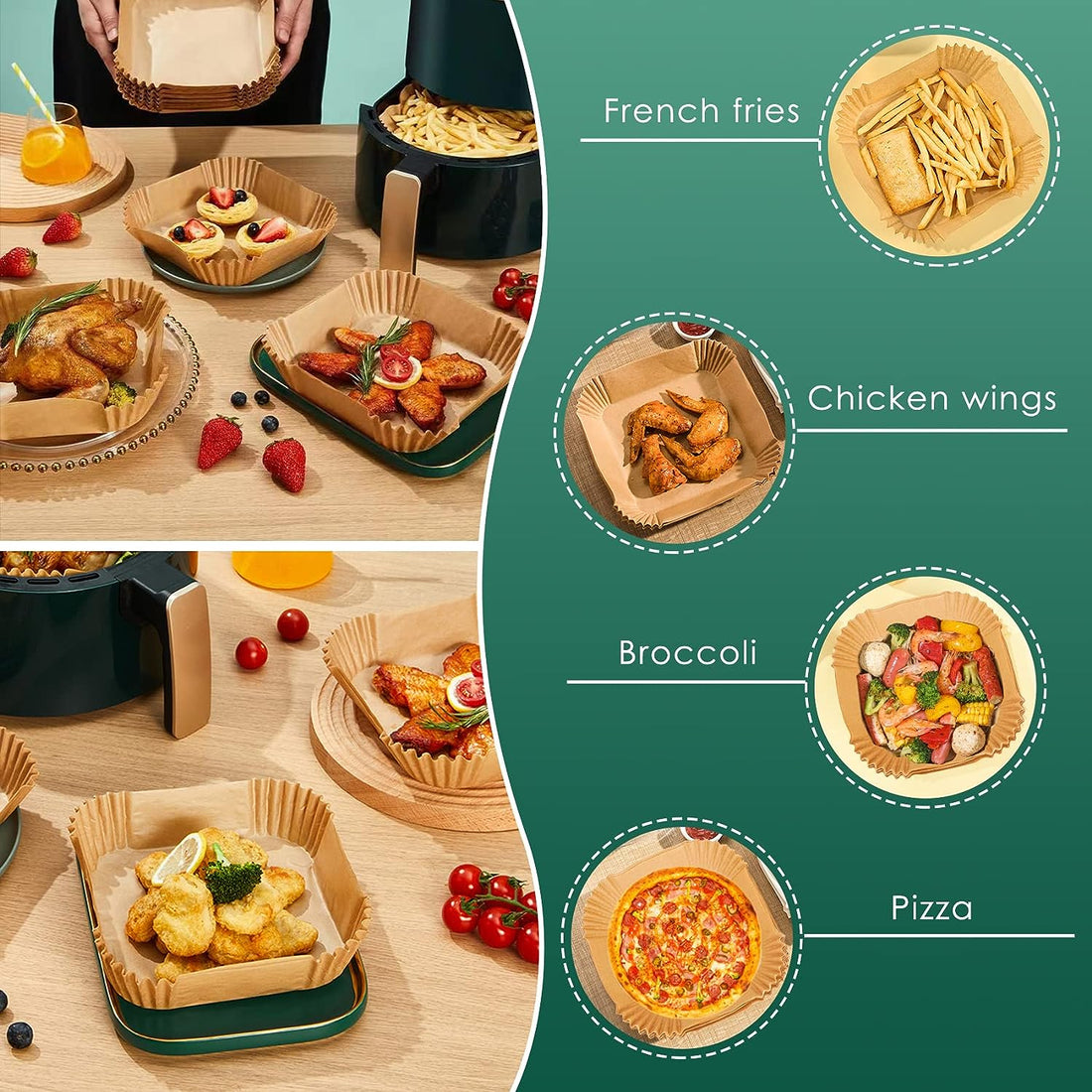 Set 100 hartii de copt pentru air fryer, Termorezistent, Maro 16 x 16 x 4.5 cm, patrat