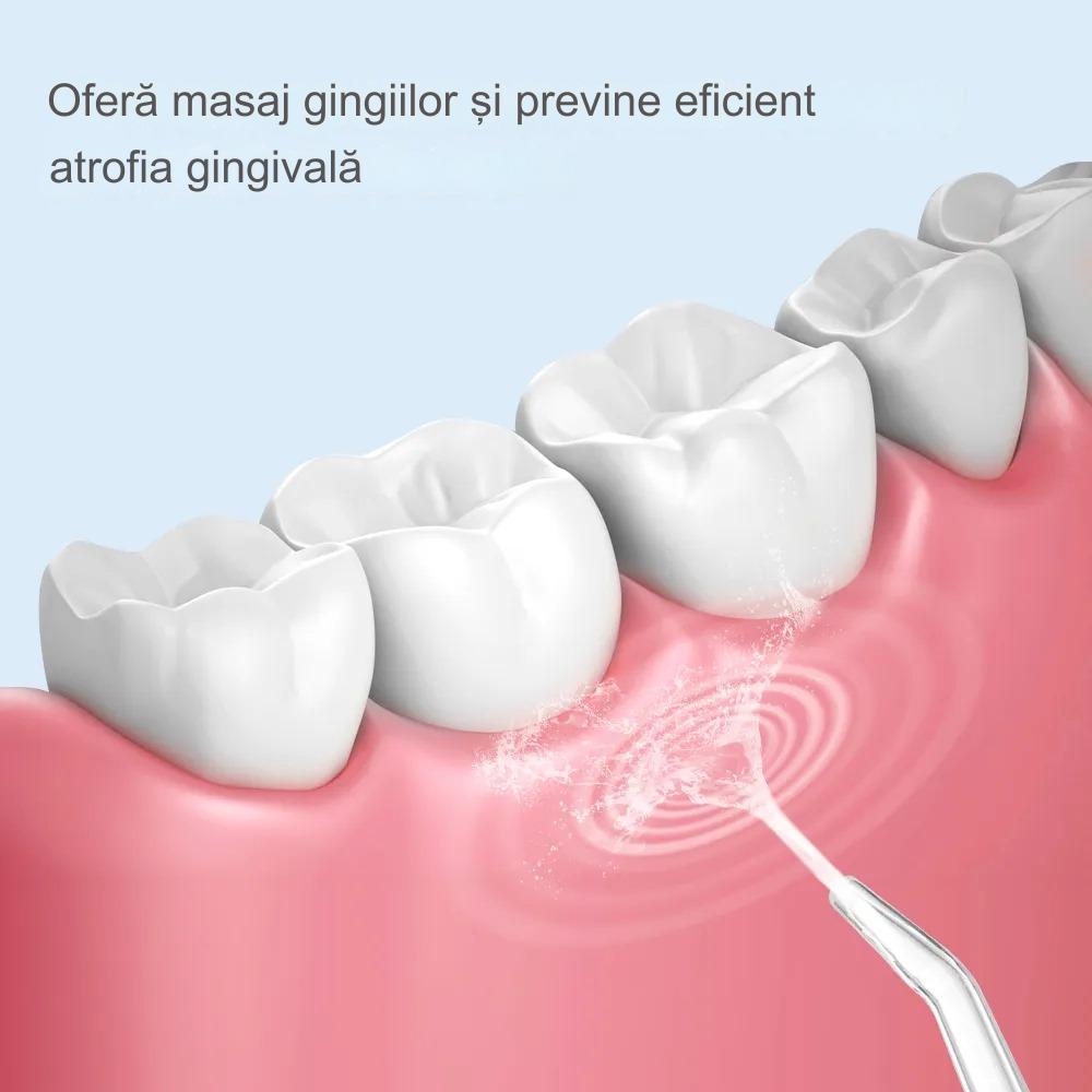 Irigator Oral Portabil pentru dus bucal, 4 Capete, 3 trepte de viteza, Curatare 360°, Rezervor 230 ml, Waterproof, Verde