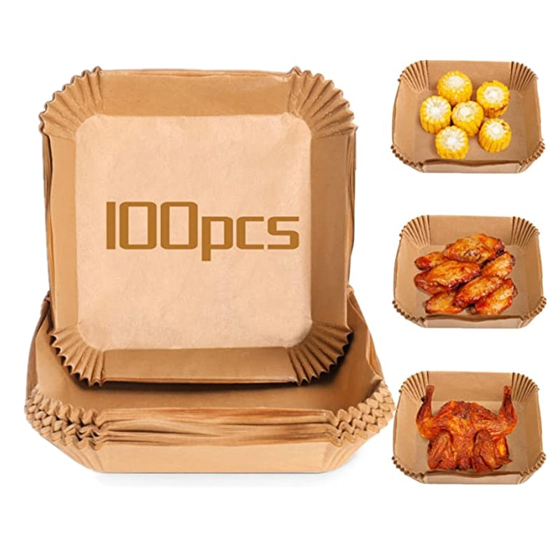 Set 100 hartii de copt pentru Air Fryer, 16x16x4.5cm, Patrat, Maro