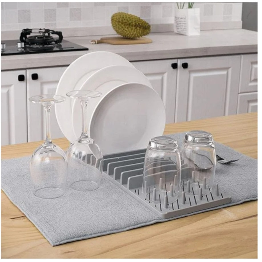 Uscator din plastic cu laveta pentru vase, poliester, gri, 45x3.6x16.5cm