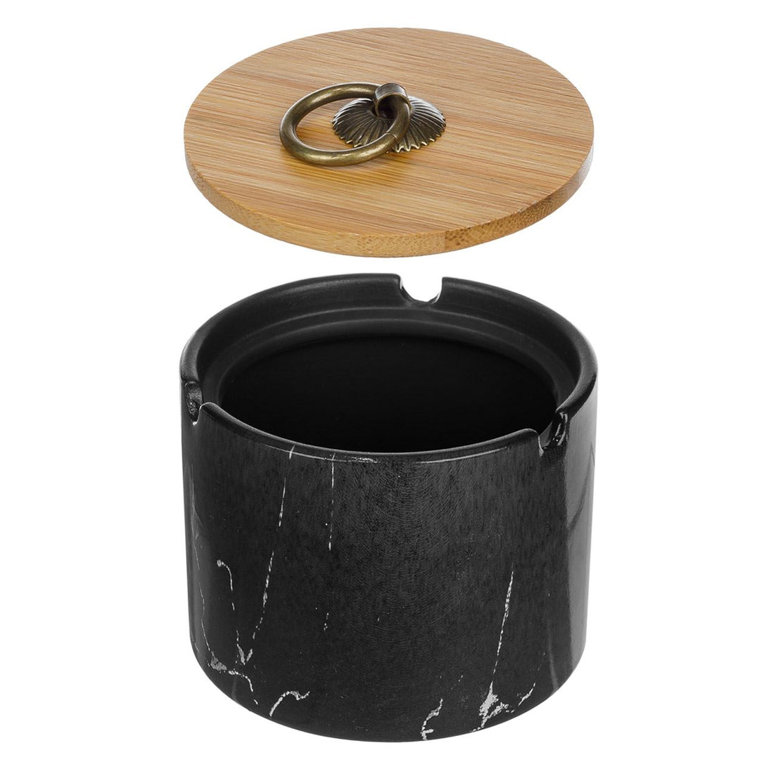 Scrumiera cilindrica, ceramica model marmura negru cu capac bambus 10x7cm