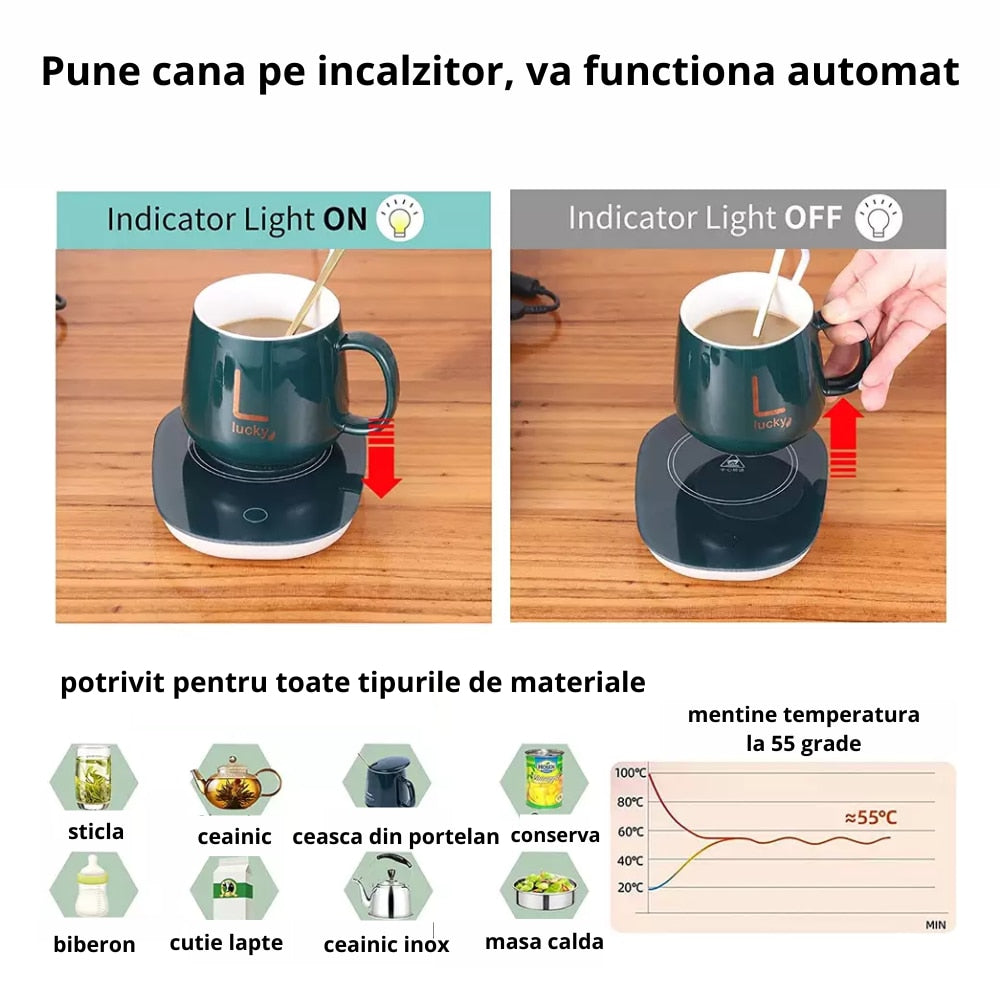 Cana inteligenta de cafea din ceramica, cu capac si lingurita, incalzitor cu USB, 55 grade, controlul temperaturii, verde